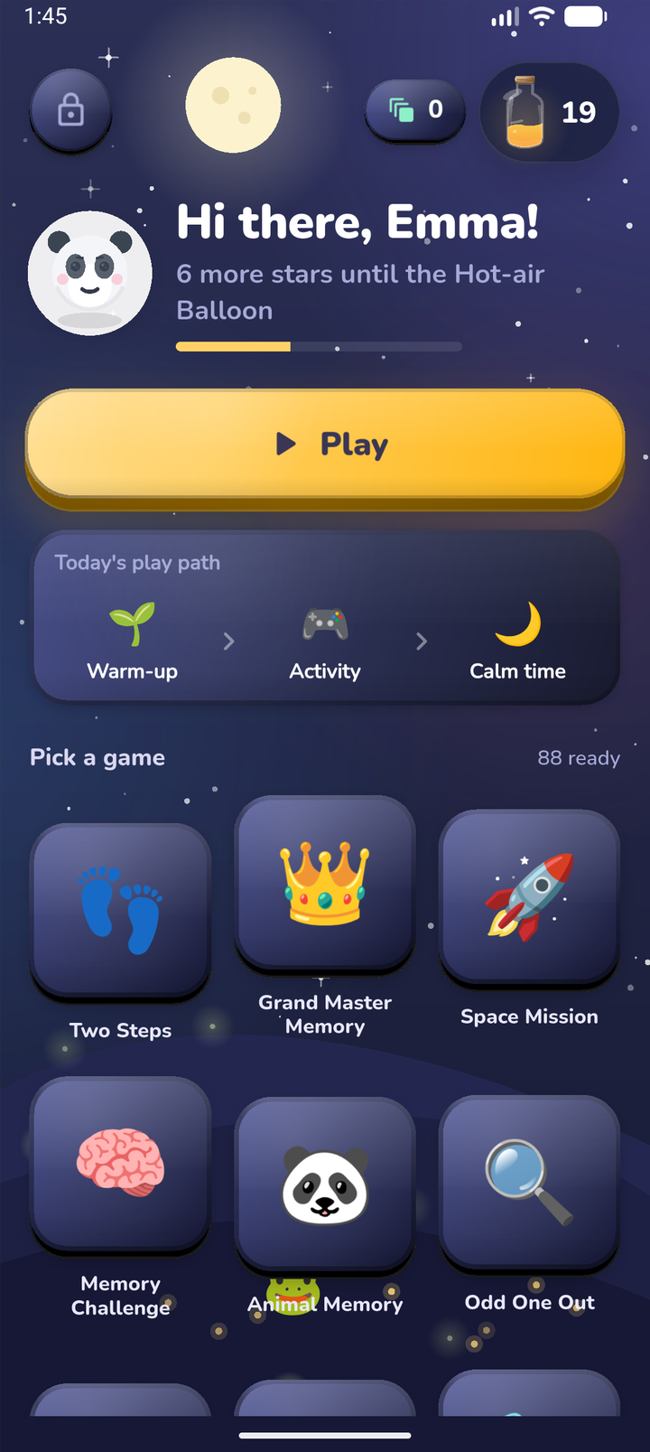 PlayGrows child home showing Emma's play path and personalized games