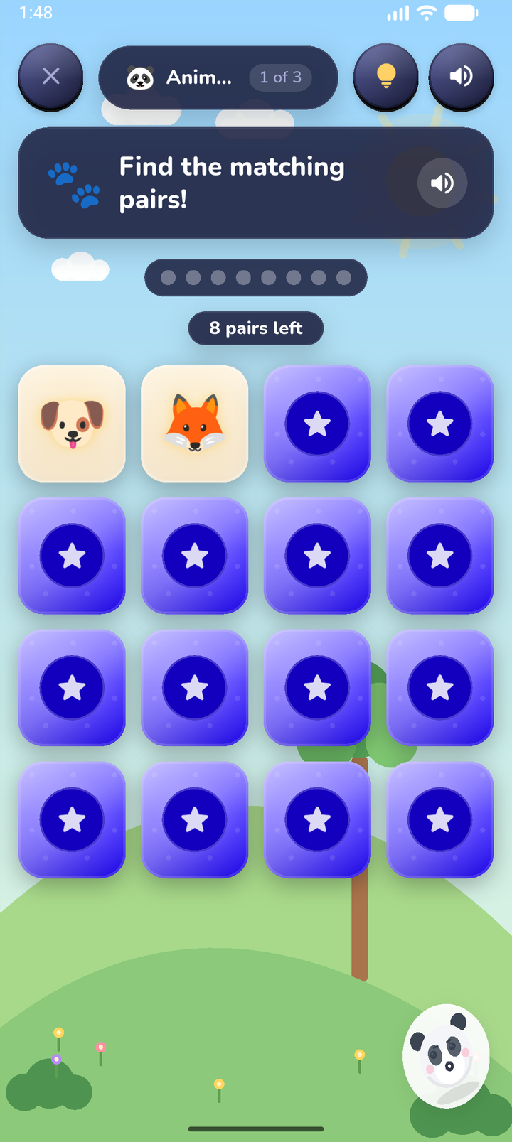Animal Memory game in PlayGrows with two colorful cards revealed
