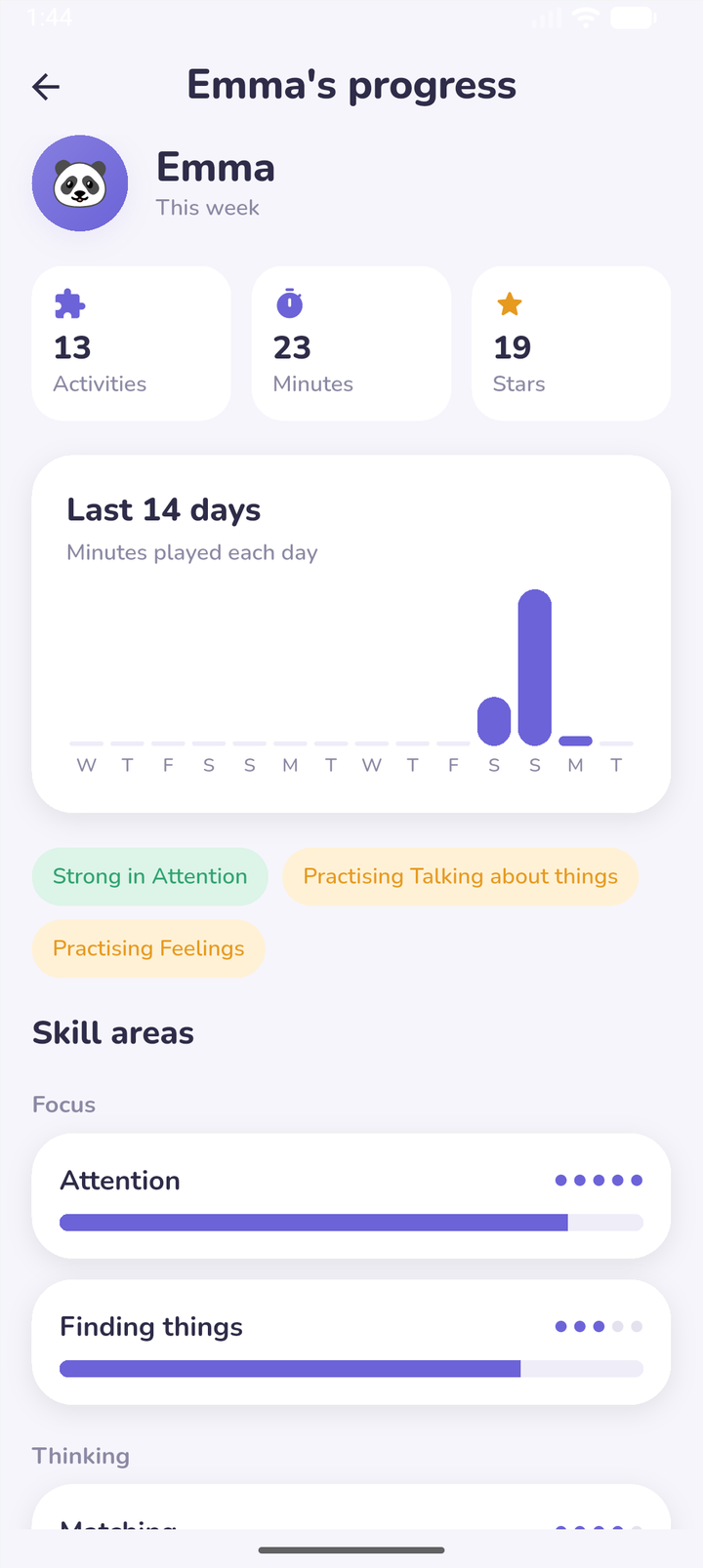 PlayGrows parent progress screen with weekly activity and skill growth